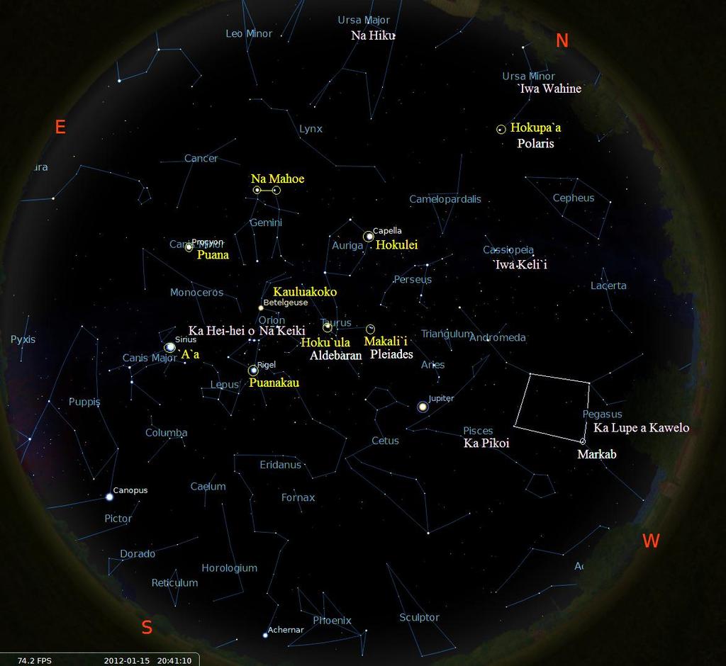 January Sky 01 Screenshot taken from Stellarium, dated 1/15/1 Hawaiian star and constellation names are identified according to information found at: http://pvs.kcc.hawaii.
