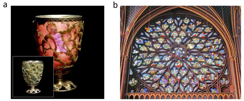 Figure 1.1. (a) The Lycurgus cup from 4th century Rome consists of small metal nanoparticles suspended within the glass matrix.