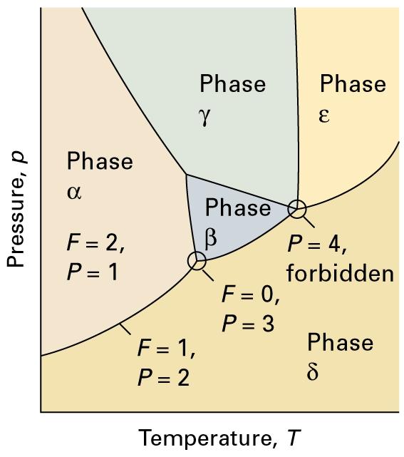 4.2 Phase boundaries (b) The phase rule Phase rule F = C P + 2 For C = 1 and P = 1, F = 2 ; bivariant For C = 1 and P = 2, F = 1 For a one-component system, F = 3 P For P = 2 and F = 1 with phases α