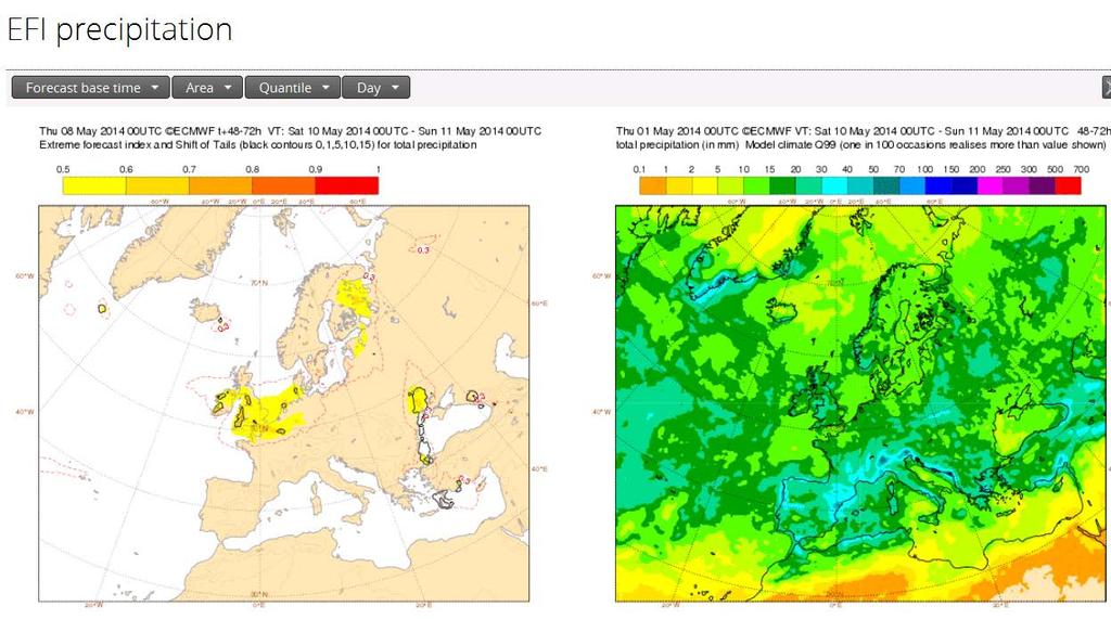 «Extreme forecasts» indices (EFI and SOT): run date 8/5/2014 at 00h00 Z for Saterday