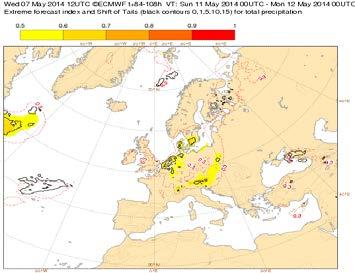 Successive «extreme forecast» indices: run dates 06 and 07 and 08/05/2014 Run date: 6/5 at