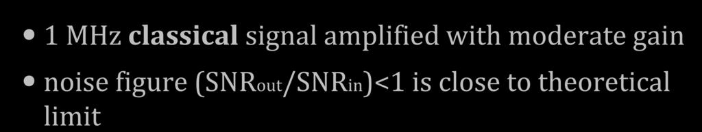 Phase-insensitive amplifier 1 MHz classical signal amplified with moderate gain noise figure (SNRout/SNRin)<1 is close to theoretical limit 95% detection large small detuning scan