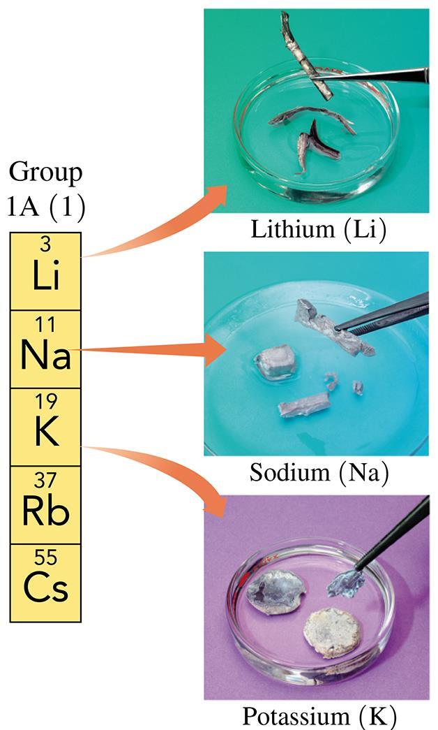 Alkali Metals Group 1, the alkali metals, includes the following: lithium (Li) sodium (Na) potassium (K)