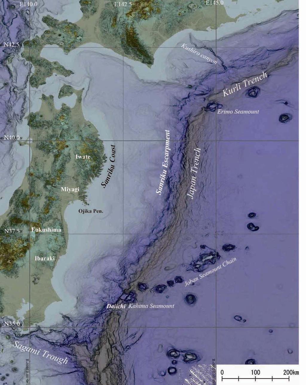 DEM in and around Japan (Kishimoto 2000) and SRTM3 data are also used to fill the data uncovered by narrow multi-beam bathymetric survey. Fig.