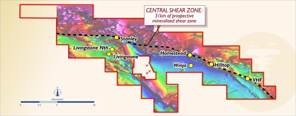 Livingstone Large scale, quality Proterozoic gold opportunity (+1M Oz) 31km strike length of the Central Shear Zone Demonstrated gold