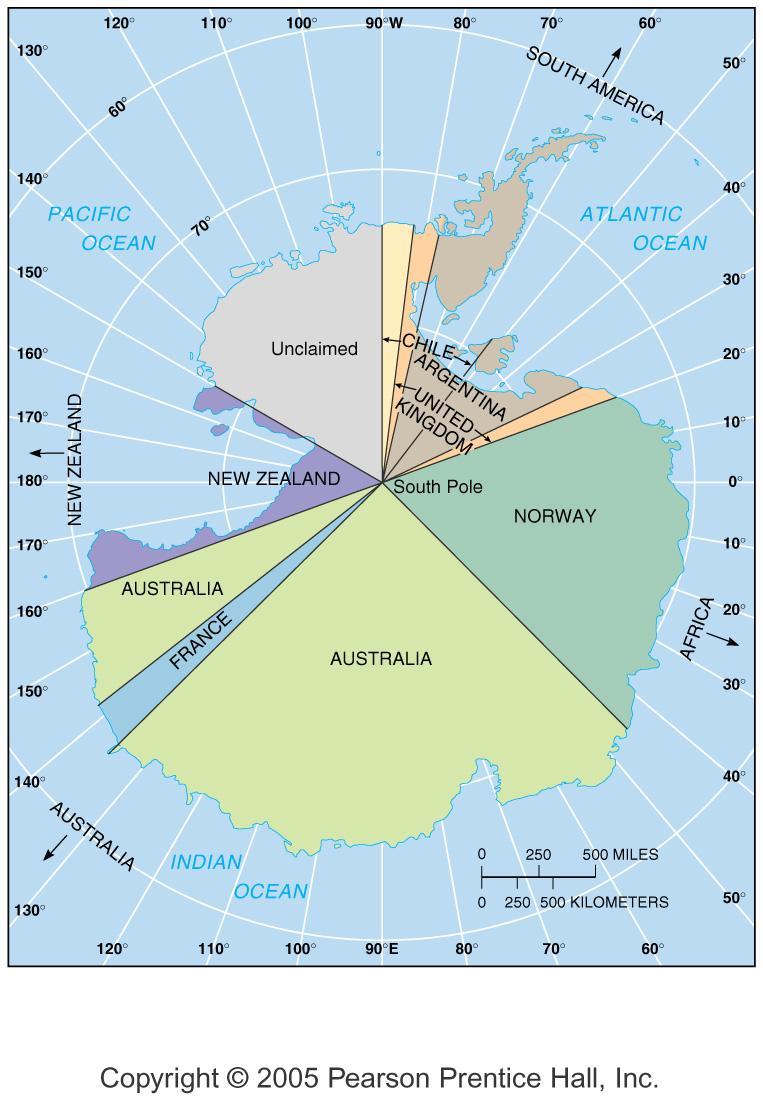 Antarctica: National Claims Antarctica is the only large landmass on Earth s surface that is not part of a state. Several states claim portions of Antarctica.