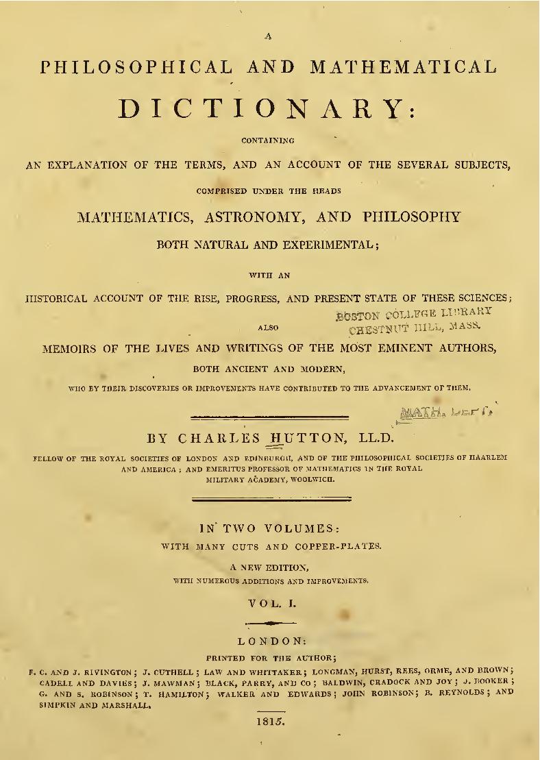 Commentary on Harriot Charles Hutton, A mathematical and philosophical dictionary, London, 1795, vol. 1, p. 91 (p.