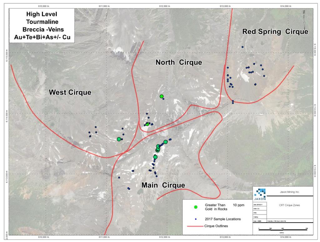 - 2 - Figure 1. Plan view of Jaxon sample locations Sample grades from these three cirques now include 33.8 g/t, 18.