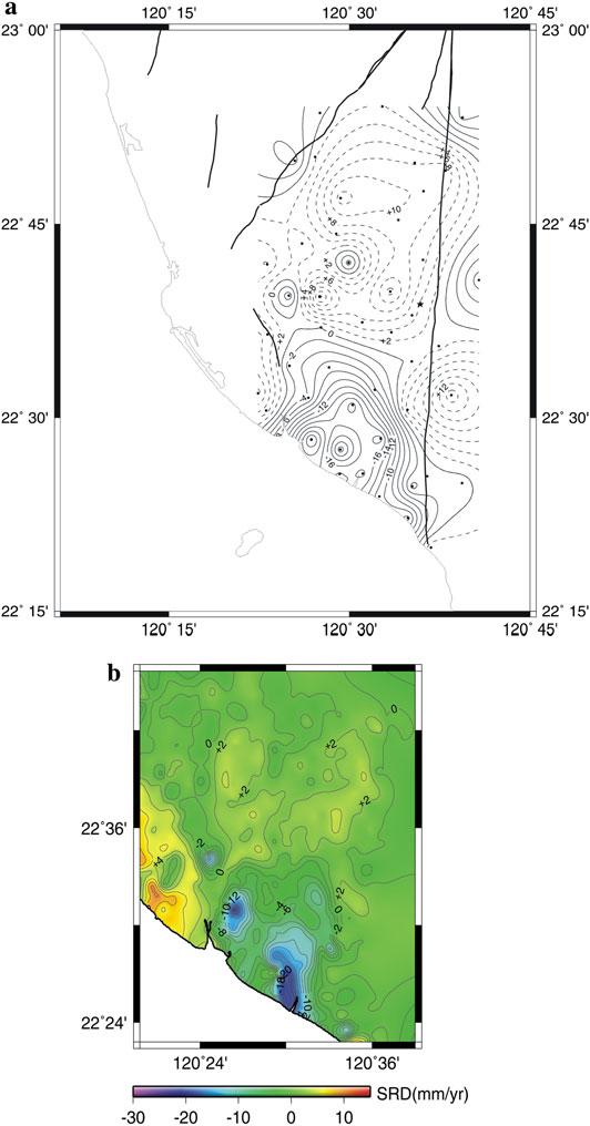 Fig. 10 a Annual uplift and subsidence rate from interpolation of GPS data. Contours of vertical velocities of GPS stations in the Pingtung Plain relative to Paisha, Penghu (S01R), from 1996 to 1999.