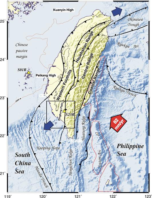 Fig. 1 Geotectonic framework and major structural units of Taiwan between the Eurasian and Philippine Sea plate.