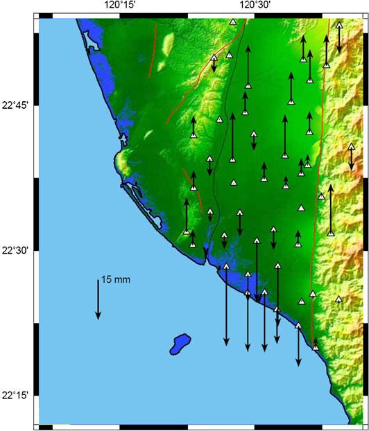 Fig. 3 Vertical velocities of GPS stations in the Pingtung Plain relative to Paisha, Penghu (S01R), from 1996 to 1999. Thick lines are active faults.