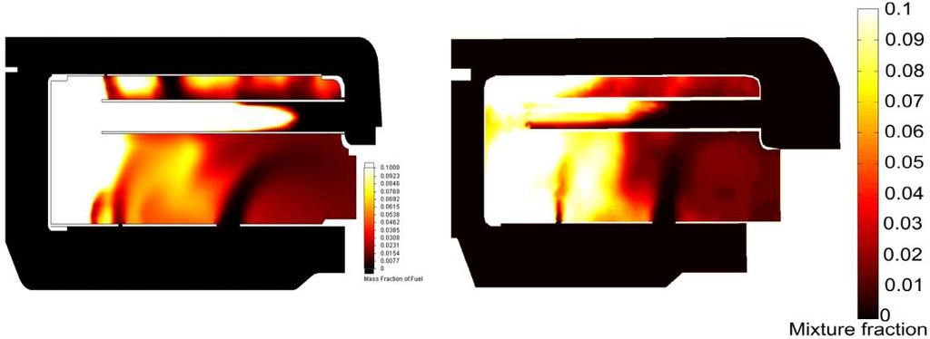 Figures 14 and 15 show comparison of emperaure and fuel mass fracion disribuion in he combusion chamber a 10000 rpm obained in FloEFD and Fluen presened by C.A. Gonzales, K.C. Wong and S. Armfield ().