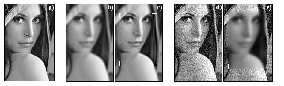 Bayesian image restoration with GMRF prior Figure: (a) Original image, (b) Blurred and slightly noisy image, (c) Restored version of (b), (d) No blur, severe noise, (e) Restored version of (d).