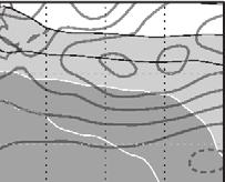 contours, with solid and dashed lines representing warm and cool advection, respectively) for (c),(e) early summer (15 Jun 14 Jul) and (d),(f) midsummer (20 Jul 18 Aug).