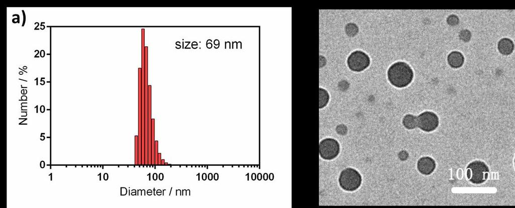 fig. S9. The average diameter of 2a@NPs confirmed by DLS and TEM. a) DLS measured sizes of synthetic 2a@NPs in aqueous solutions. b) TEM image of 2a@NPs.