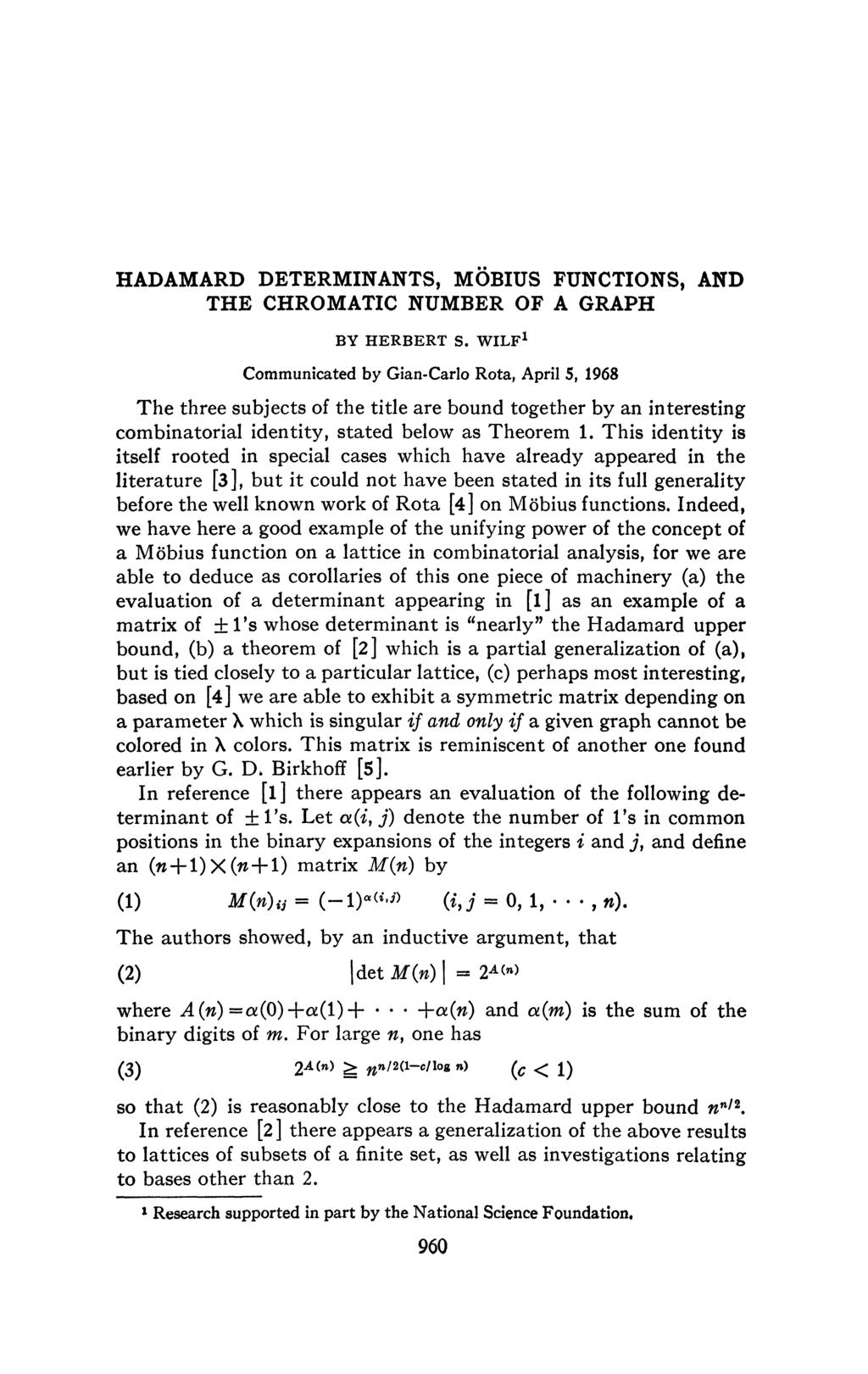 HADAMARD DETERMINANTS, MÖBIUS FUNCTIONS, AND THE CHROMATIC NUMBER OF A GRAPH BY HERBERT S.