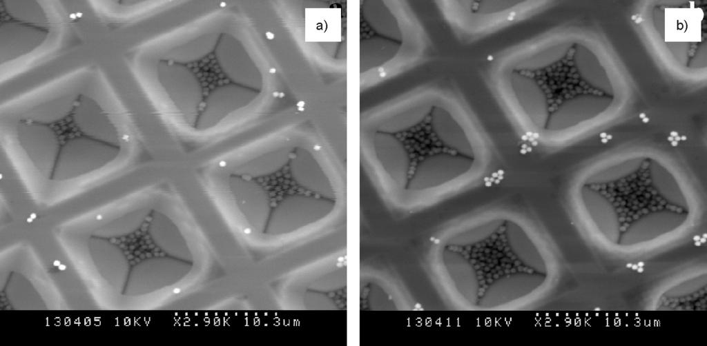 SEM micrograph of the silica spherical particles within the silicon grooves; b) view at the end of the grooves Fig. 3.