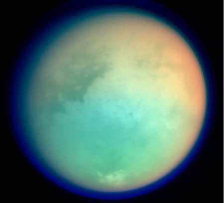 Exercise: Spacecraft Heat Shields This false-color view of Titan (moon of Saturn) is a composite of images captured by Cassini's infrared camera, which can penetrate some of Titan's clouds.
