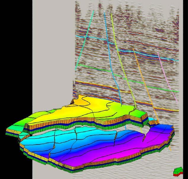 Figure 3: One cross-section of the used 3D seismic and its interpretation. A structural model with adequate accuracy can only be achieved from 3D seismic interpretation.