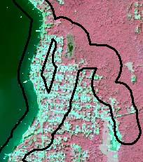 Figure 11. The 300ft buffer zone over imagery (left). The land cover classification created in this study (center).