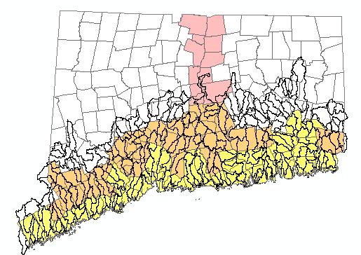 Figure 1. The subset of sub-regional basins used in this analysis are shown with black lines. The 36 coastal zone management towns are yellow.