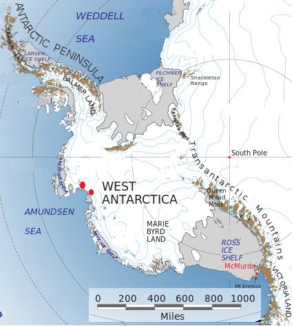 The ice sheet is bounded along its entire south coast by mountains so most of the ice discharges into the Ross ice shelf