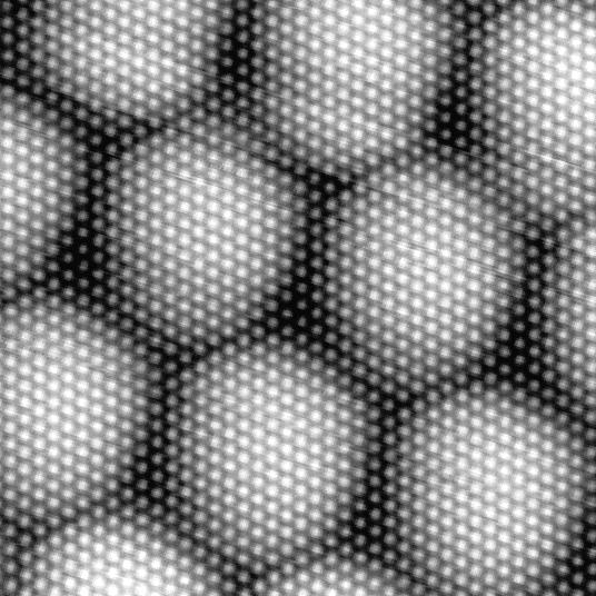 Xe atoms get organized on graphite lattice: epitaxial STM image of Xe on graphite atomically resolved hexagonal Xe domains arranged in a hexagonal honeycomb-like structure. image size 16 nm x 16 nm.
