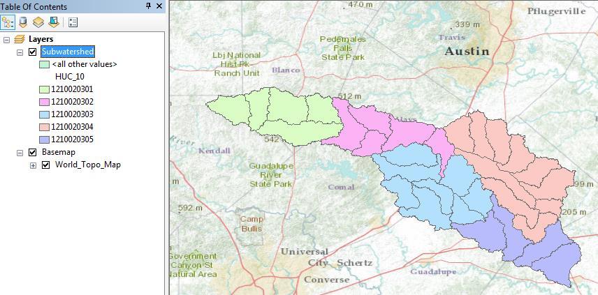 Notice that the 32 HUC-12 subwatersheds have been grouped into five watersheds