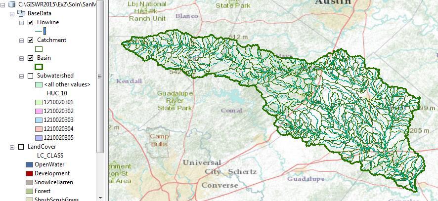 This process isn t quite so clever as for the land cover distribution you have to recolor the newly added Flowlines and Catchments to make them blue and green respectively.