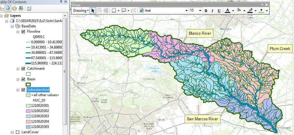 mxd To be turned in: Make a map of the San Marcos basin with its labelled rivers. How many Catchments lie within this basin? What is their average area (Sq. Km)?