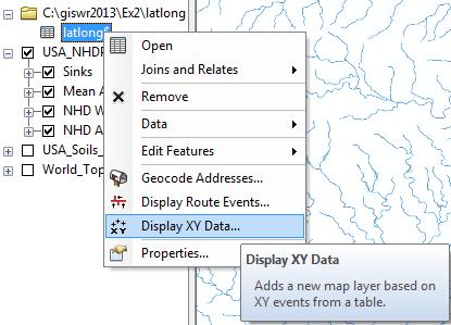 (2) Right click on the new table, latlong$, and select Display XY Data (3) Set the X Field to LongDD, the Y Field to
