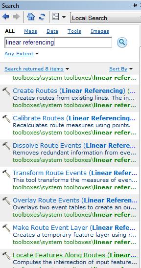 Use Search to locate Linear Referencing tools and select Locate
