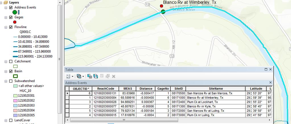 I have colored in the resulting Address Events in Green and used the Attribute Selection on Flowlines to select those with ReachCode = 12100203000084. The Measure value of 68.