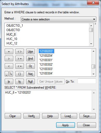 Click on HUC8 and then = and then select Get Unique Values and from this select 12100203 click on the symbols to construct the entry You ll see that this selects 32 of the HUC-12 Subwatersheds
