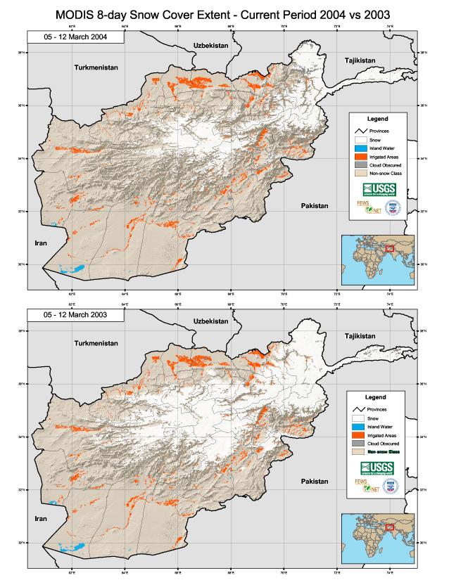 Applications of MODIS snow data in Afghanistan for the Famine Early Warning System (FEWS) The map on the top illustrates the current year snow conditions while the map