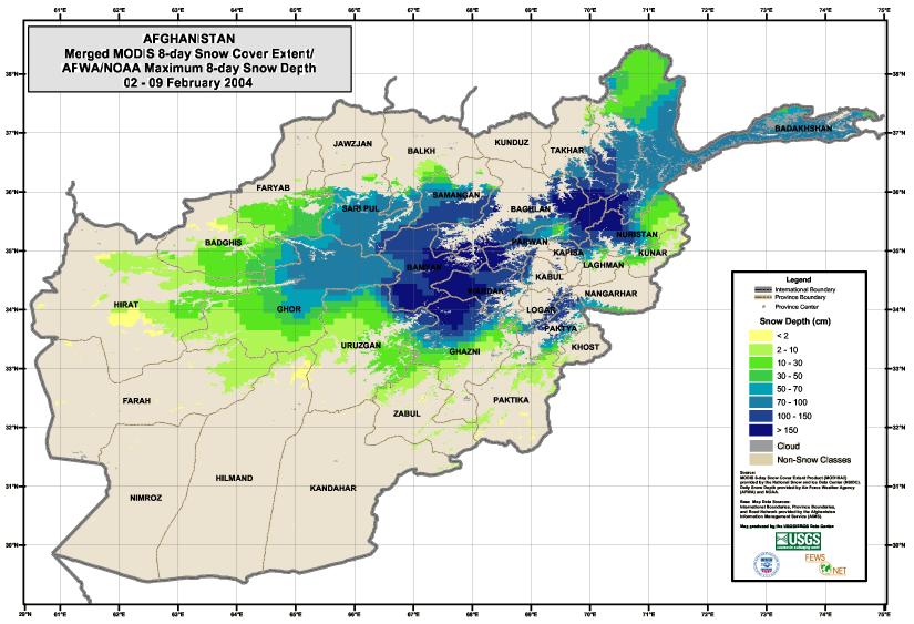 Merged MODIS Snow Cover Extent and AFWA Snow Depth Daily snow depth values from the Air Force Weather Agency (AFWA) and NOAA are used to create a maximum 8-day snow depth corresponding to the MODIS