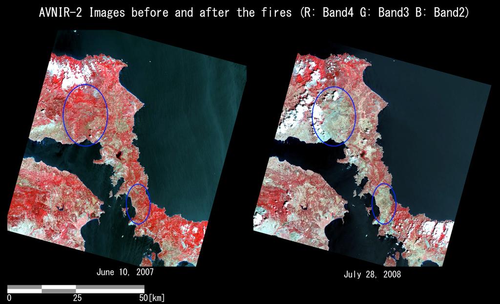 Evia Island, Greece (2007) (3) In the AVNIR-2 image, vegetation was lost