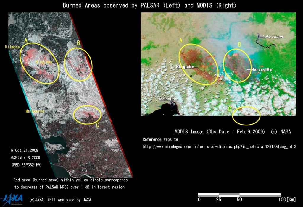 Central Region of Victoria, Australia (2009) (3) The regions A and B in PALSAR image are similar to the burnt areas in