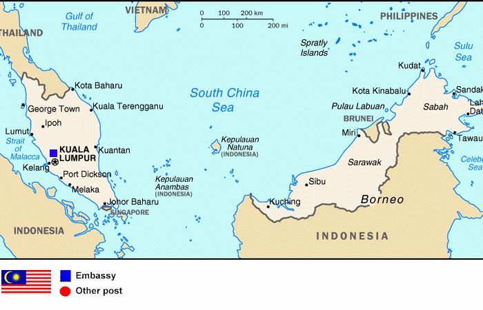 km Terrain: Coastal plains and interior, jungle-covered mountains Climate: Tropical. The South China Sea separates Peninsular Malaysia from East Malaysia on Borneo (640 km.