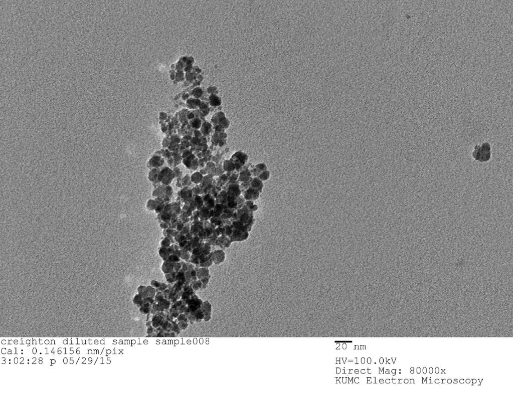 2.4.2.2 Transmission Electron Microscopy Figure 14: Iron oxide nanoparticle TEM 2.5 Discussion 2.5.1 Synthesis by Method 1 &2 Various trials were done to primarily achieve desired particle properties.
