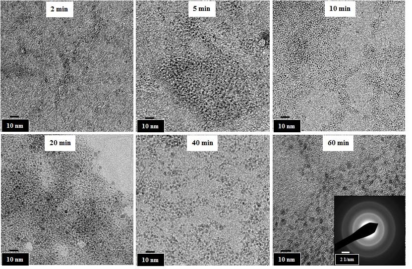 Figure 5.16: TEM micrographs of iron oxide nanoparticles synthesised in organic phase in a capillary droplet reactor at different residence times and a constant temperature of 240 C.