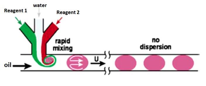 Figure 1.13: Schematic of oil/water droplet-based microfluidic reactor. Droplets are formed by injecting aqueous solutions into a stream of water-immiscible carrier fluid.