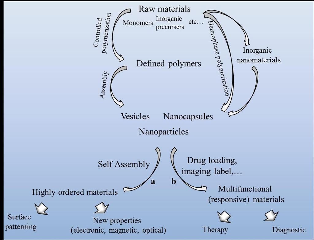 Introduction Figure 1. From raw materials to functional nanomaterials for self-assembly (a) or biomedical applications (b).