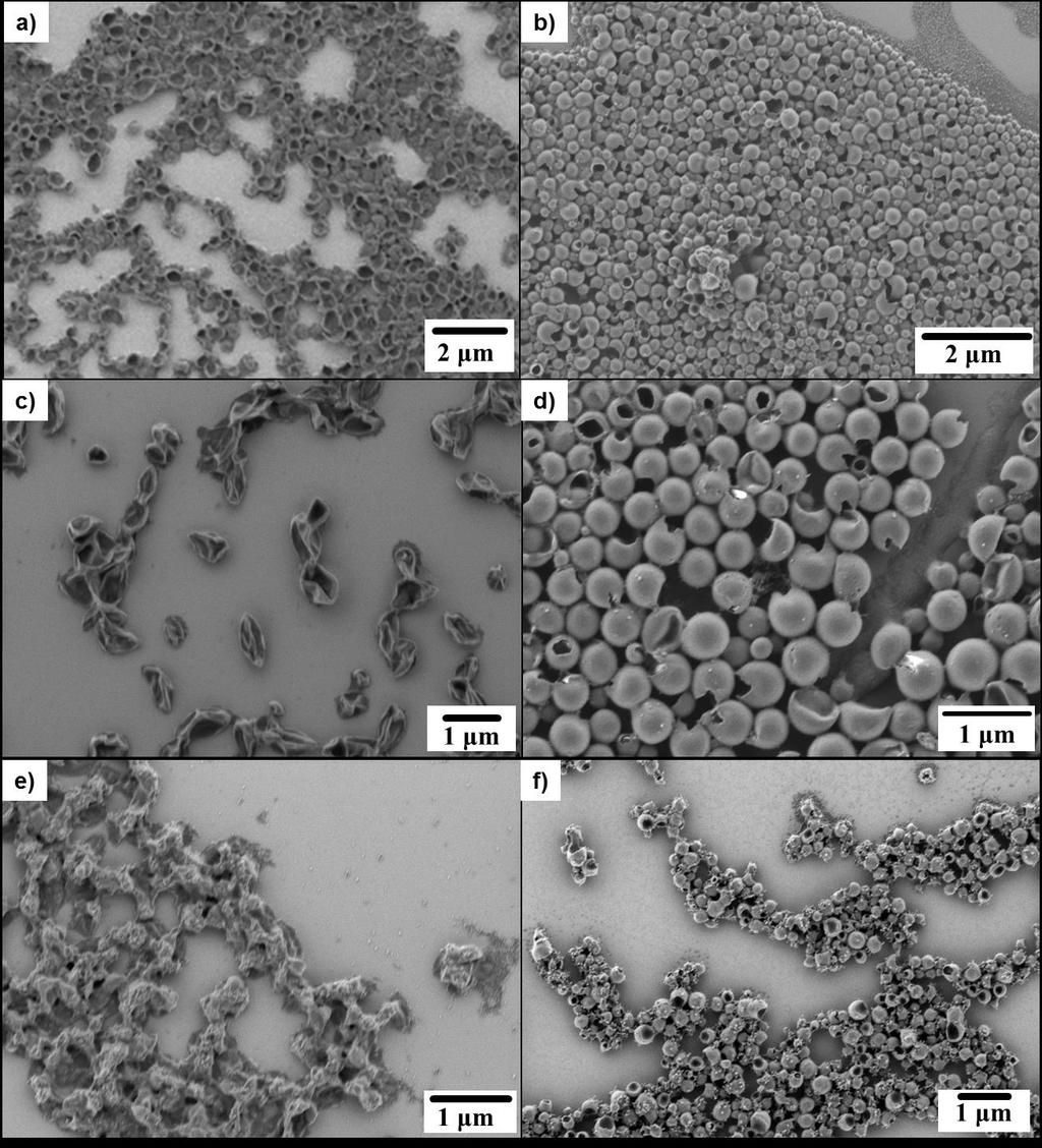 Results and Discussion Figure 31. SEM Images of nanocapsules before (a, c, e) and after (b, d, f) heating to induce grafting from polymerization. a+b) with encapsulated acrylic acid. c+d) Acryl amide.
