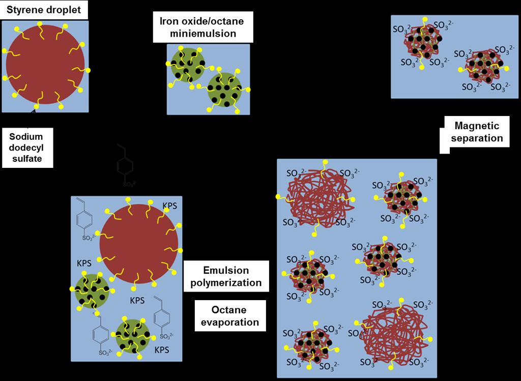 Results and Discussion Figure 33. Synthesis of spherical iron oxide/polystyrene nanoparticles with sulfonate surface functionality.