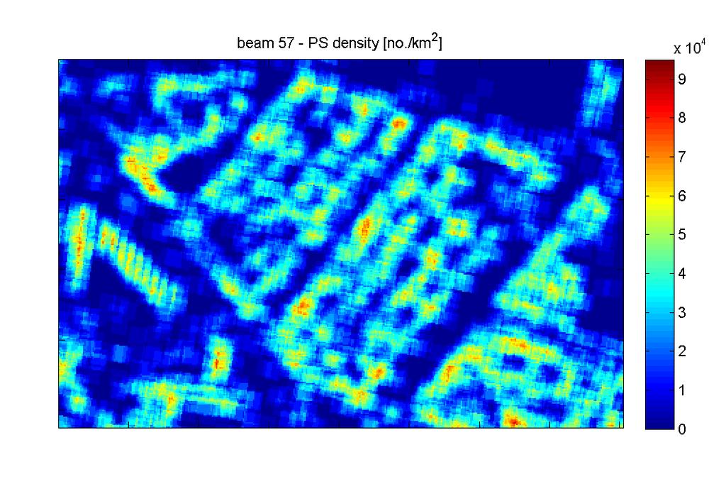 beam 57: Mean map (top) and PS density map with window size 15m x 15m (bottom); coloration equal to last figures; For middle range incidence angles several floors can be seen, each containing several