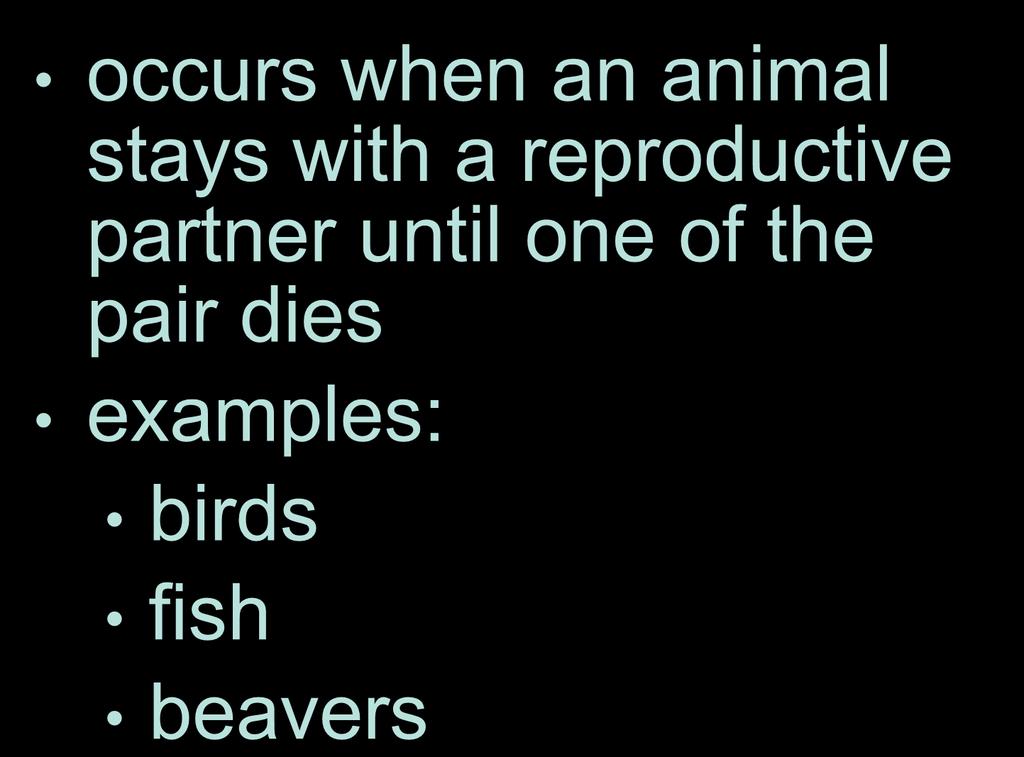 Mating for Life occurs when an animal stays with a reproductive