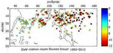 Fig. 2: Genesis sites of vortex tracks for 1989-2010, identified from the
