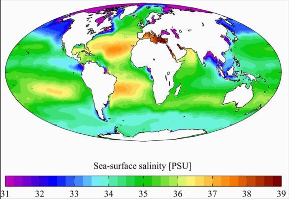 Higher numbers mean higher salt content Plumbago (2010) Surface layer is the top 100-400 m and is well-mixed Warm, low salinity water near equator due to rainfall (freshwater) Subtropics saltier due