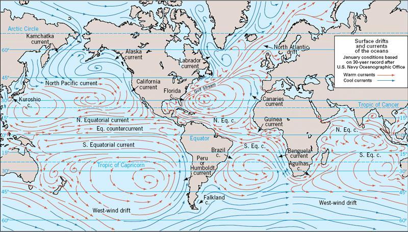 Ocean surface currents large continuously moving loops (gyres)